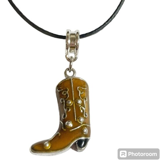 Cowboy Boot Necklace Cowgirl Brown Enamel Country Western Black Cord 16-18" - Picture 1 of 9
